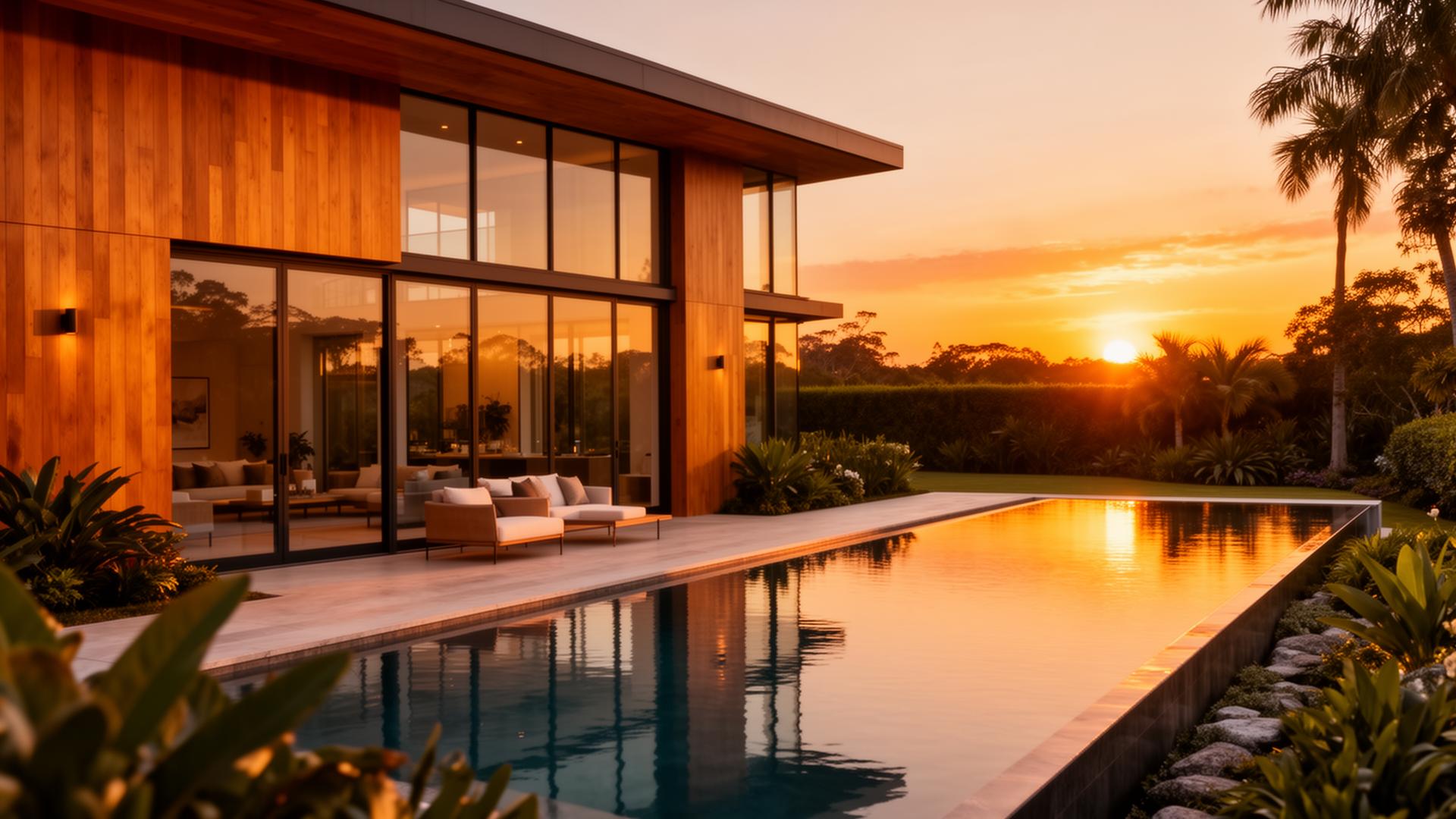 Modern luxury vacation rental at golden hour with infinity pool